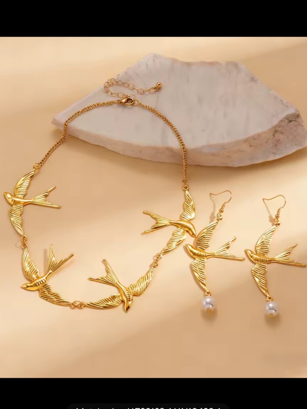 Gold Bird Motif Necklace and Earrings Set